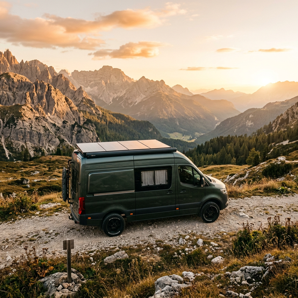Solar-equipped camper van parked in an alpine mountain valley at sunset